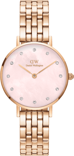 Montre Femme Daniel Wellington Petite Lumine 5-Link Melrose DW00100617, Cadran Rose Nacré, Bracelet Or Rose