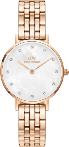 Montre Femme Daniel Wellington Petite Lumine 5-Link Melrose DW00100613, Cadran Blanc Nacré, Bracelet Acier Or Rose