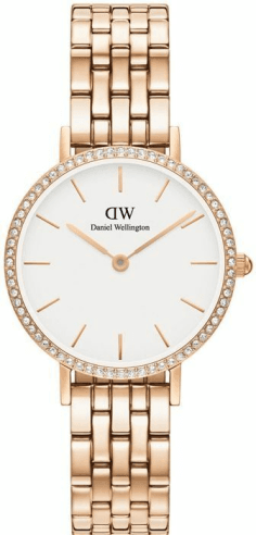 Montre Femme Daniel Wellington Petite Lumine Bezel 5-Link Melrose DW00100666 - Cadran Blanc, Bracelet Or Rose