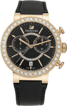 Montre Femme Swarovski Citra Sphere Chrono 5055209 - Boîtier Or Rose, Cadran et Bracelet Cuir Noir