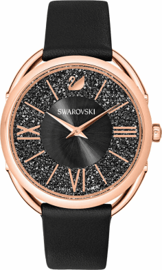 Montre Femme Swarovski Crystalline Glam 5452452 - Cadran Noir, Boîtier Or Rose, Bracelet Cuir