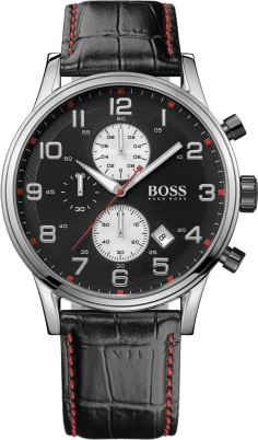 Montre Homme Hugo Boss 1512631 - Cadran Noir, Bracelet Cuir Crocodile Noir et Surpiqûres Rouges