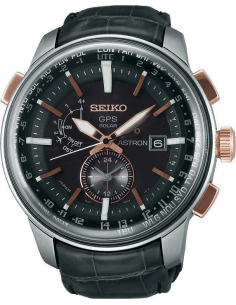 Montre Homme Seiko Astron SAS038J1 GPS Solaire - Boîtier Acier, Cadran Noir, Bracelet Cuir Crocodile