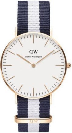Montre Daniel Wellington Classic Glasgow DW00100031 - Cadran blanc, boîtier or rose, bracelet NATO bleu et blanc - Unisexe